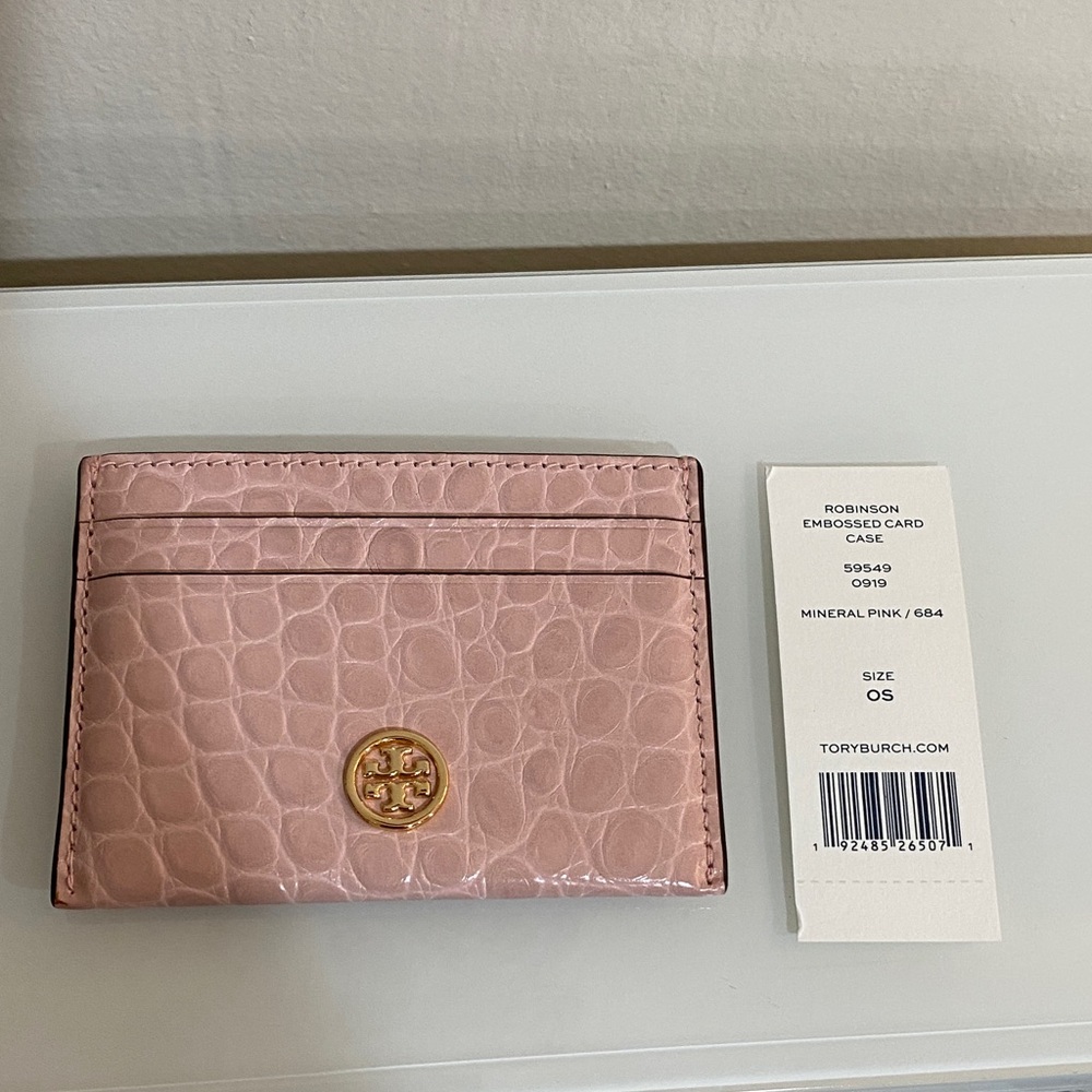 New Tory Burch Mineral Pink Card Holder Robinson embossed